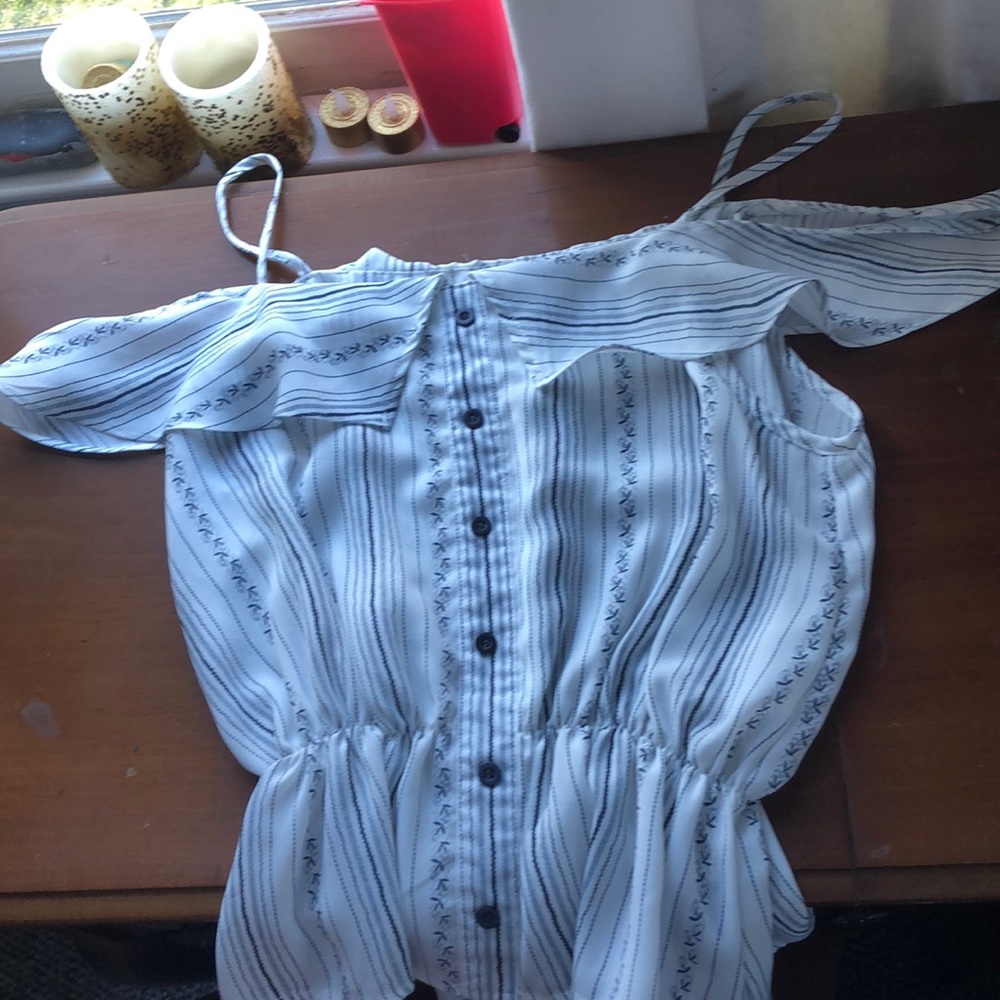 Blue and white button down off shoulder top